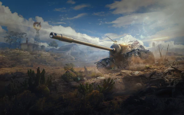 World of Tanks 2K Quad HD PC desktop wallpaper: heavy tank advancing across a dusty, war‑torn landscape with ruined vehicles under a dramatic sky.