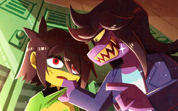 4K Ultra HD PC wallpaper featuring Susie and Kris from the video game Deltarune, showcasing their dynamic expressions in vibrant, detailed artwork.