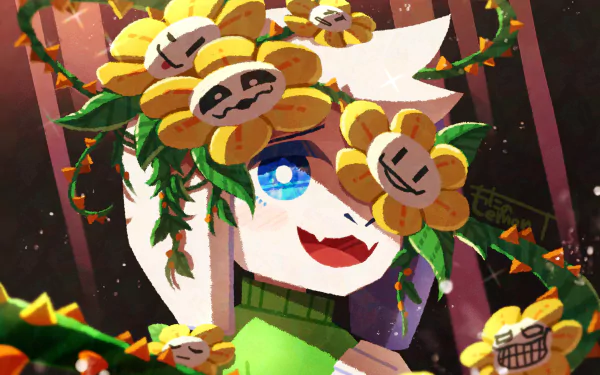 4K Ultra HD PC wallpaper featuring Asriel from Undertale surrounded by multiple Flowey faces in a vibrant, detailed video game art style.
