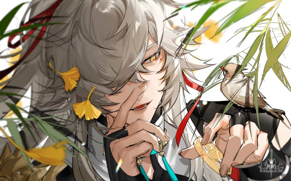 Jing Yuan from the video game Honkai: Star Rail is depicted in a detailed 4K Ultra HD wallpaper, surrounded by foliage and gently holding a small object.