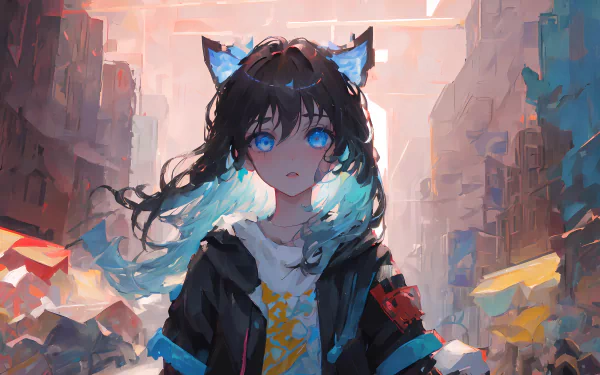 HD desktop wallpaper featuring an AI art anime girl with blue highlights, fox ears, and a dynamic urban backdrop.