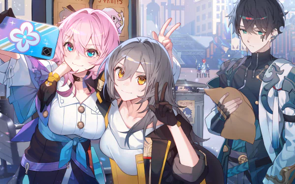 HD PC desktop wallpaper featuring Dan Heng and March 7th from the video game Honkai: Star Rail in a vibrant urban setting.