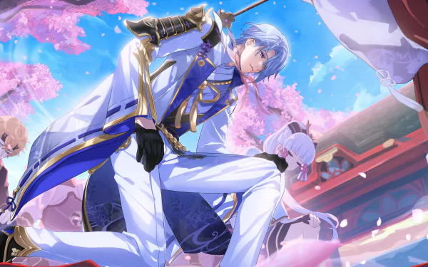 HD PC desktop wallpaper featuring Kamisato Ayaka and Kamisato Ayato from the video game Genshin Impact amid cherry blossoms and traditional architecture.