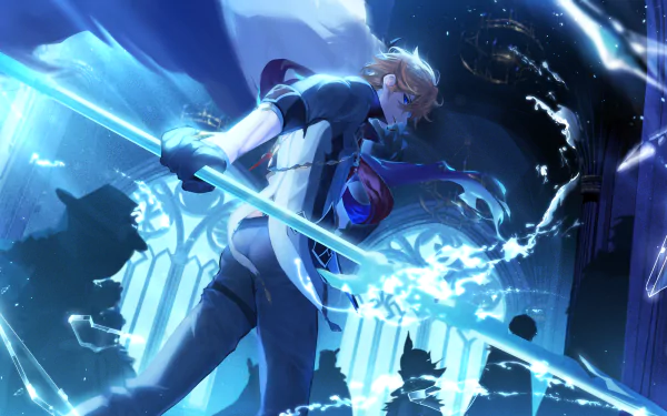 HD PC desktop wallpaper featuring Tartaglia Childe from the video game Genshin Impact, wielding a glowing spear amid a dynamic, mystical background.