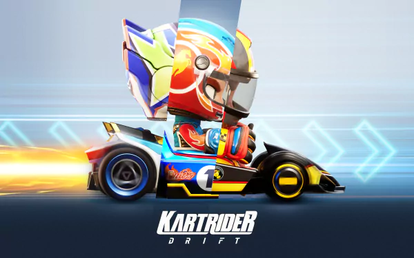 HD desktop wallpaper of a vibrant racing scene from KartRider: Drift, featuring a colorful kart speeding with dynamic light effects.