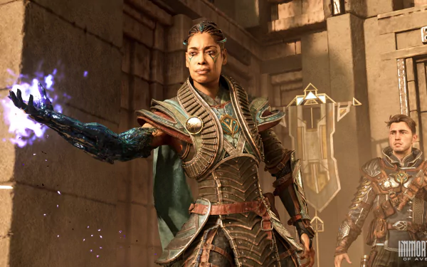 HD desktop wallpaper featuring characters from Immortals of Aveum with a focused female warrior casting a magic spell and a male warrior in the background.