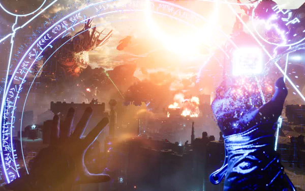 HD wallpaper of Immortals of Aveum with mystical symbols and an explosive backdrop for desktop background.