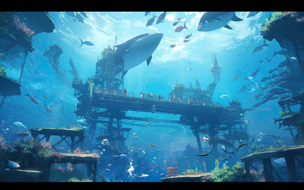 8K Ultra HD anime-style AI artwork depicting an underwater scene with a futuristic structure surrounded by diverse sea life, blending original design and vibrant marine elements.