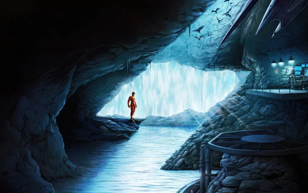 4K Ultra HD desktop wallpaper featuring a scene from the movie The Flash (2023) with the hero standing near a glowing cave waterfall.