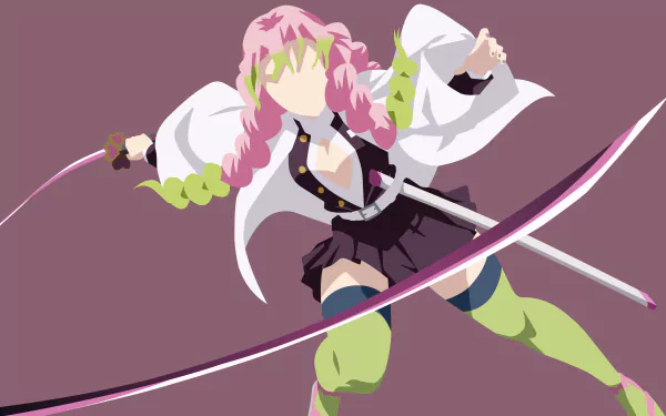 HD desktop wallpaper featuring Mitsuri Kanroji from the anime Demon Slayer: Kimetsu no Yaiba, portrayed in an action pose with her sword against a solid background.