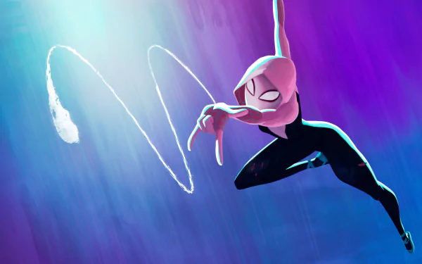 HD desktop wallpaper featuring Spider-Man swinging dynamically through a vibrant blue and purple background from Spider-Man: Across the Spider-Verse.