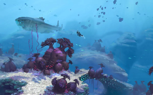 HD PC desktop wallpaper from the video game Subnautica, showcasing an underwater scene with a diver, alien coral formations, and a large submerged creature.