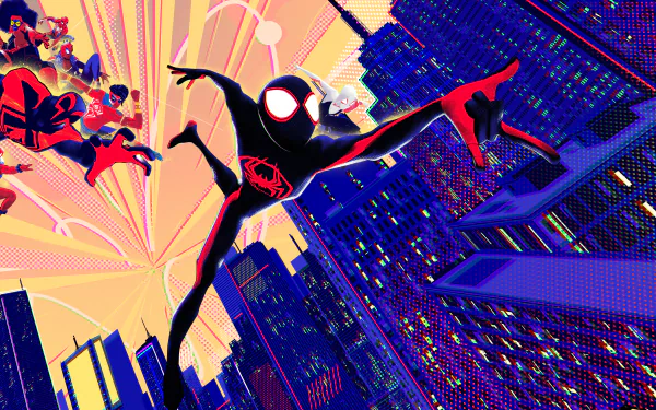 Vibrant 8K Ultra HD Spider-Man: Across the Spider-Verse wallpaper showcasing dynamic Spider-Man characters swinging through a colorful cityscape at dusk.