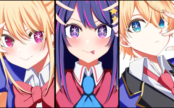 Anime-style 8K Ultra HD wallpaper featuring Aquamarine Hoshino, Ai Hoshino, and Ruby Hoshino from Oshi no Ko, each with vibrant eyes and colorful outfits.