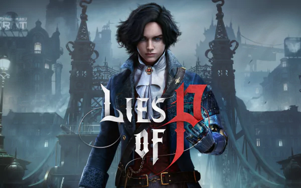 Lies of P game character in a gothic city backdrop for HD desktop wallpaper.