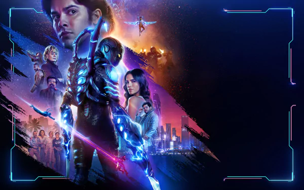 4K Ultra HD Blue Beetle movie desktop wallpaper featuring the hero in glowing armor alongside key characters and a futuristic cityscape background.