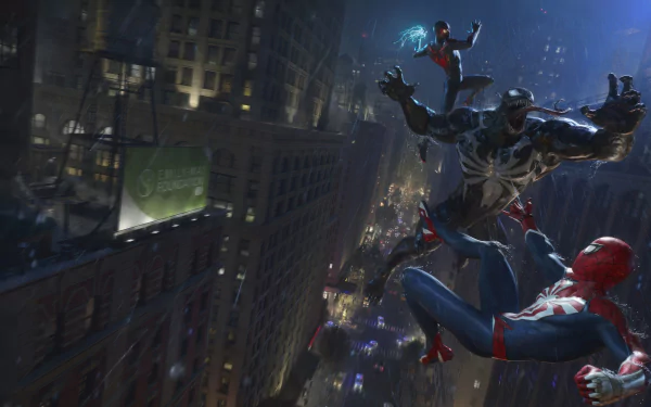 4K Ultra HD PC desktop wallpaper featuring intense action from the video game Marvel's Spider-Man 2, showcasing Spider-Man battling a large enemy in a nighttime cityscape.