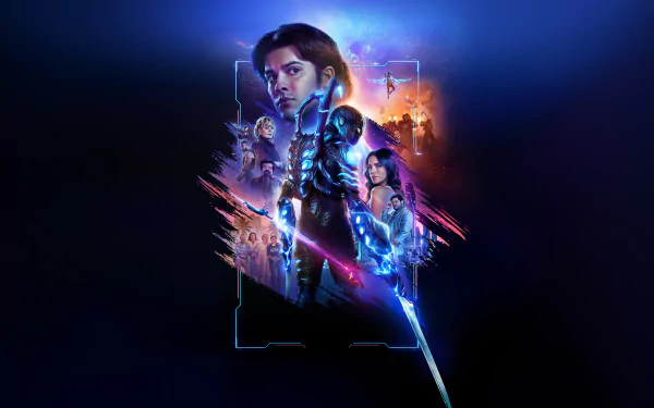 4K Ultra HD PC desktop wallpaper featuring characters from the movie Blue Beetle with glowing blue and orange light effects against a dark background.