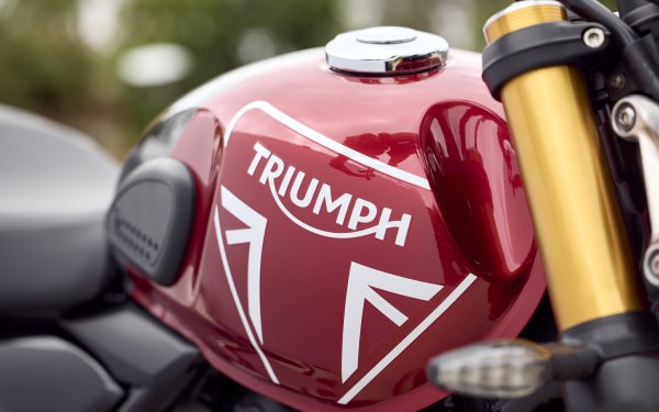 Close-up of a red Triumph Speed 400 motorcycle tank displaying the brand logo, perfect for HD desktop wallpaper and background.