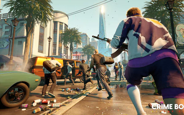 HD desktop wallpaper from Crime Boss: Rockay City video game depicting a chaotic street scene with armed characters in action.