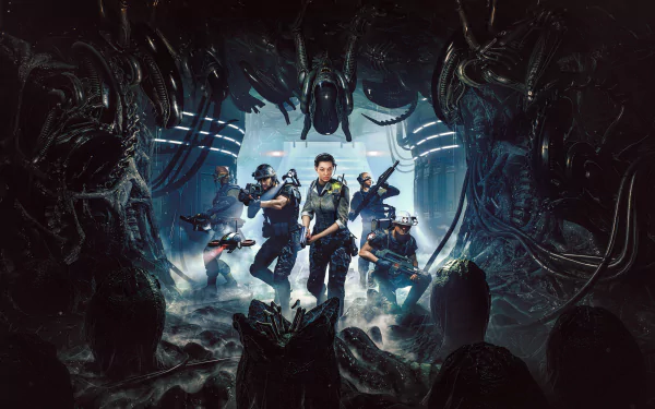 HD wallpaper of Aliens: Dark Descent with soldiers confronting aliens in a sci-fi environment.