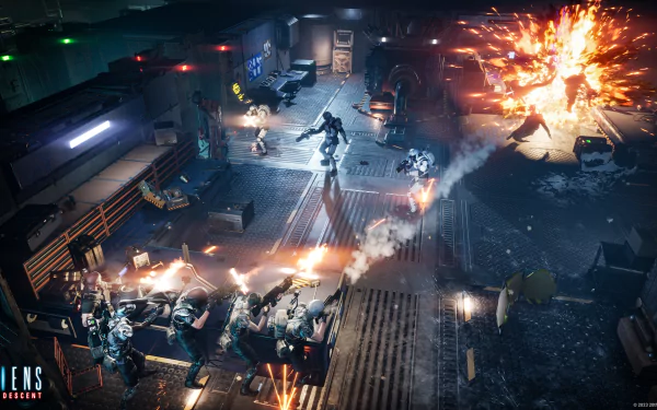 HD desktop wallpaper from Aliens: Dark Descent featuring an intense battle scene with soldiers fighting against extraterrestrial enemies in a dimly lit industrial area.