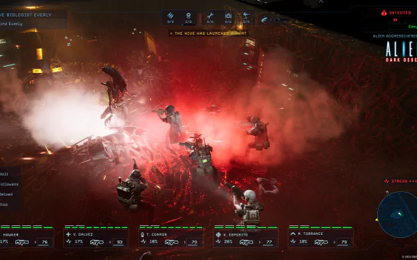 HD desktop wallpaper from the video game Aliens: Dark Descent showing a tense battle scene with soldiers fighting aliens under red lighting.