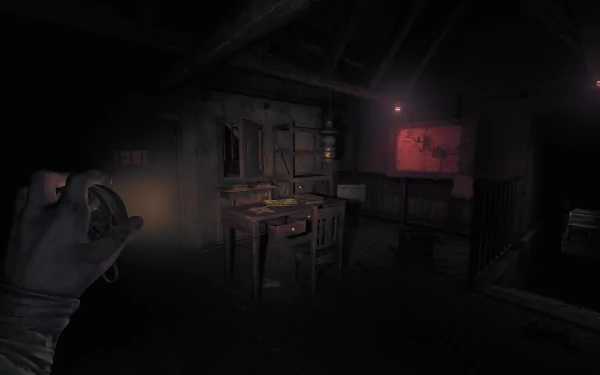 HD desktop wallpaper featuring a scene from Amnesia: The Bunker with a first-person view holding a lantern in a dimly lit, eerie room with mysterious drawings on the wall.