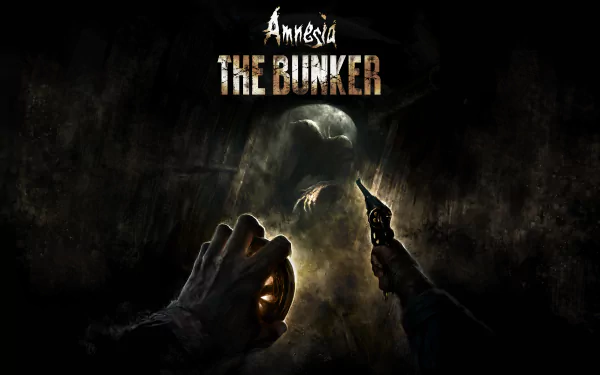 HD desktop wallpaper for Amnesia: The Bunker video game, featuring a hand holding a knife and a lantern with a spectral face emerging from the darkness.