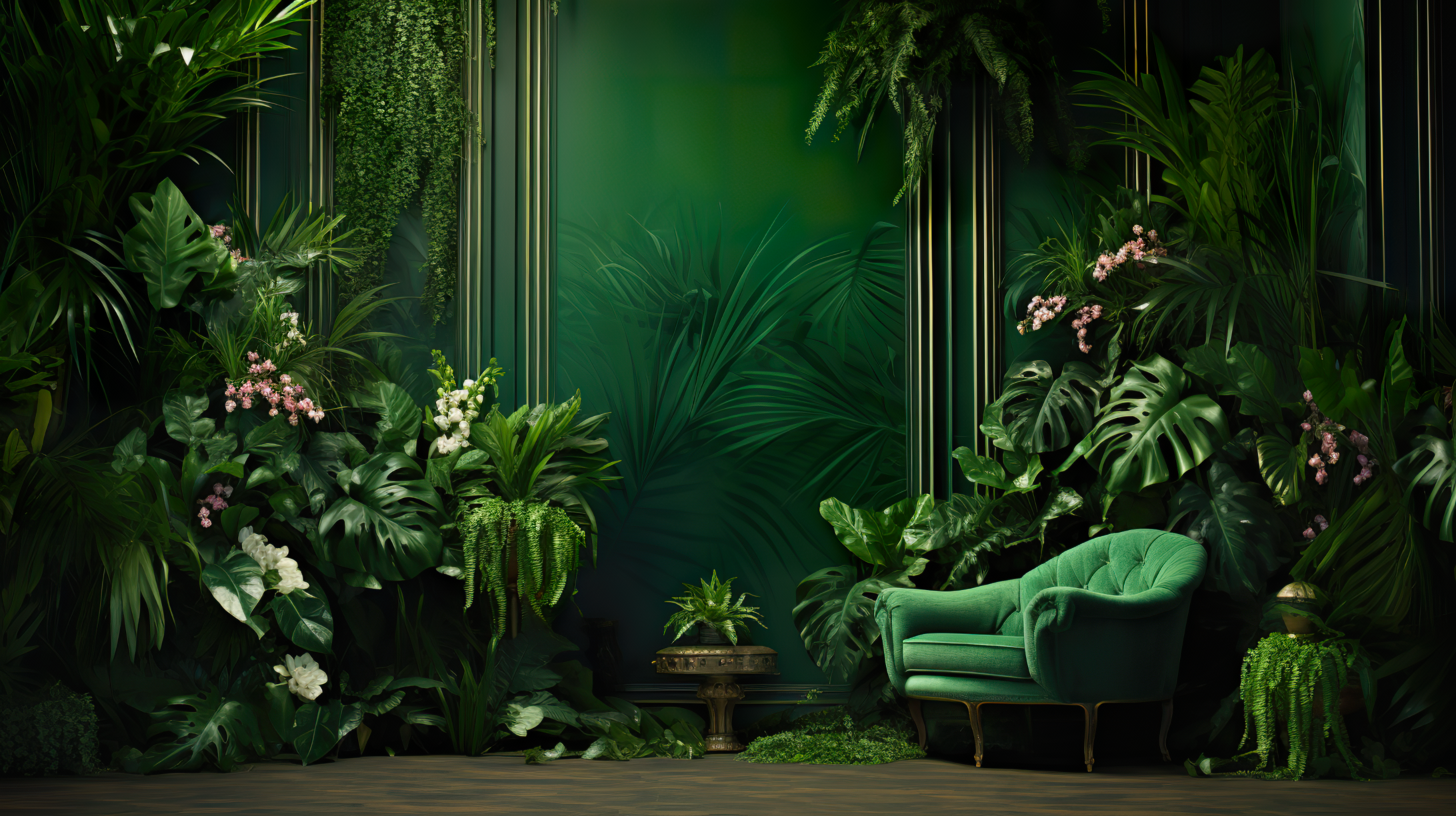 Green aesthetic HD desktop wallpaper featuring a serene room with lush indoor plants and a cozy green armchair, perfect for a tranquil background.