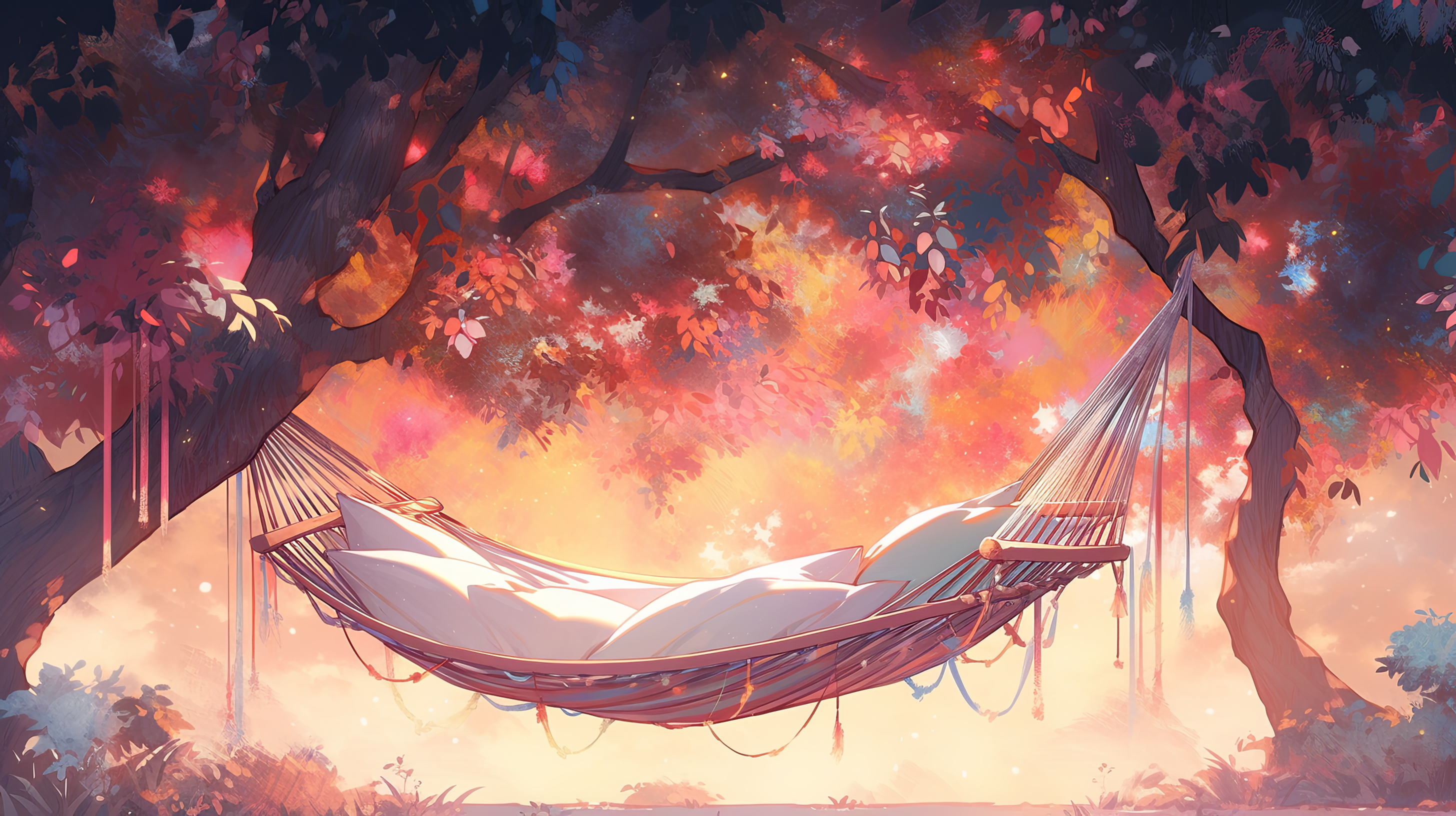 HD desktop wallpaper featuring an AI art-inspired hammock gently swaying between trees with a backdrop of a vibrant, colorful sunset sky.