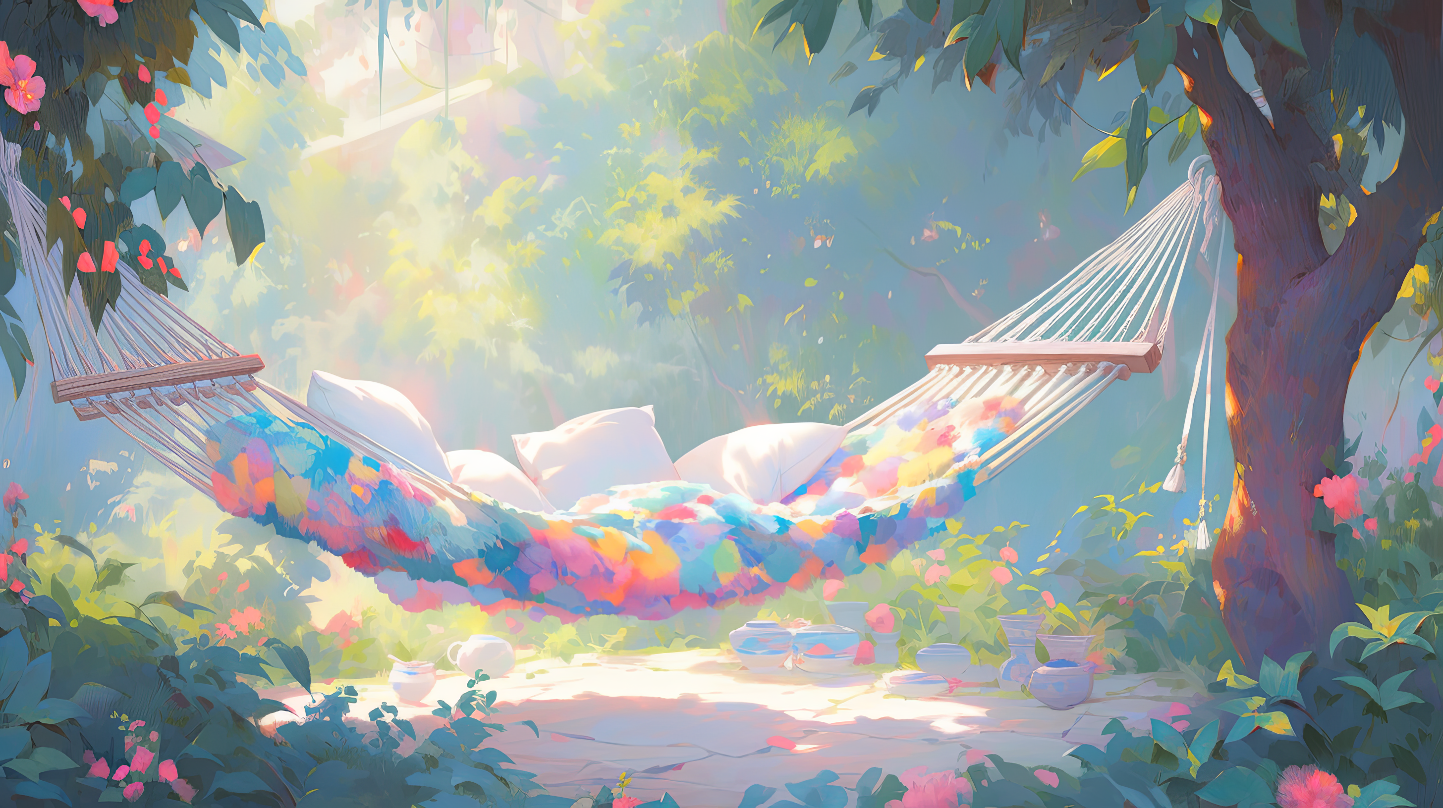 Colorful hammock hanging between trees in a serene AI-generated garden setting, suitable for HD desktop wallpaper and background.