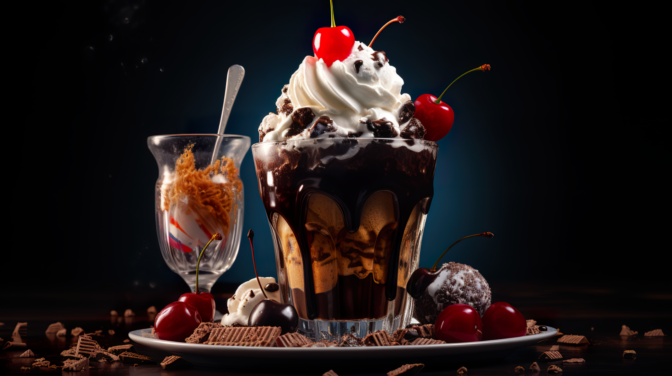 HD desktop wallpaper of a decadent chocolate sundae with whipped cream and cherries, surrounded by chocolate shavings and a caramel-filled glass.