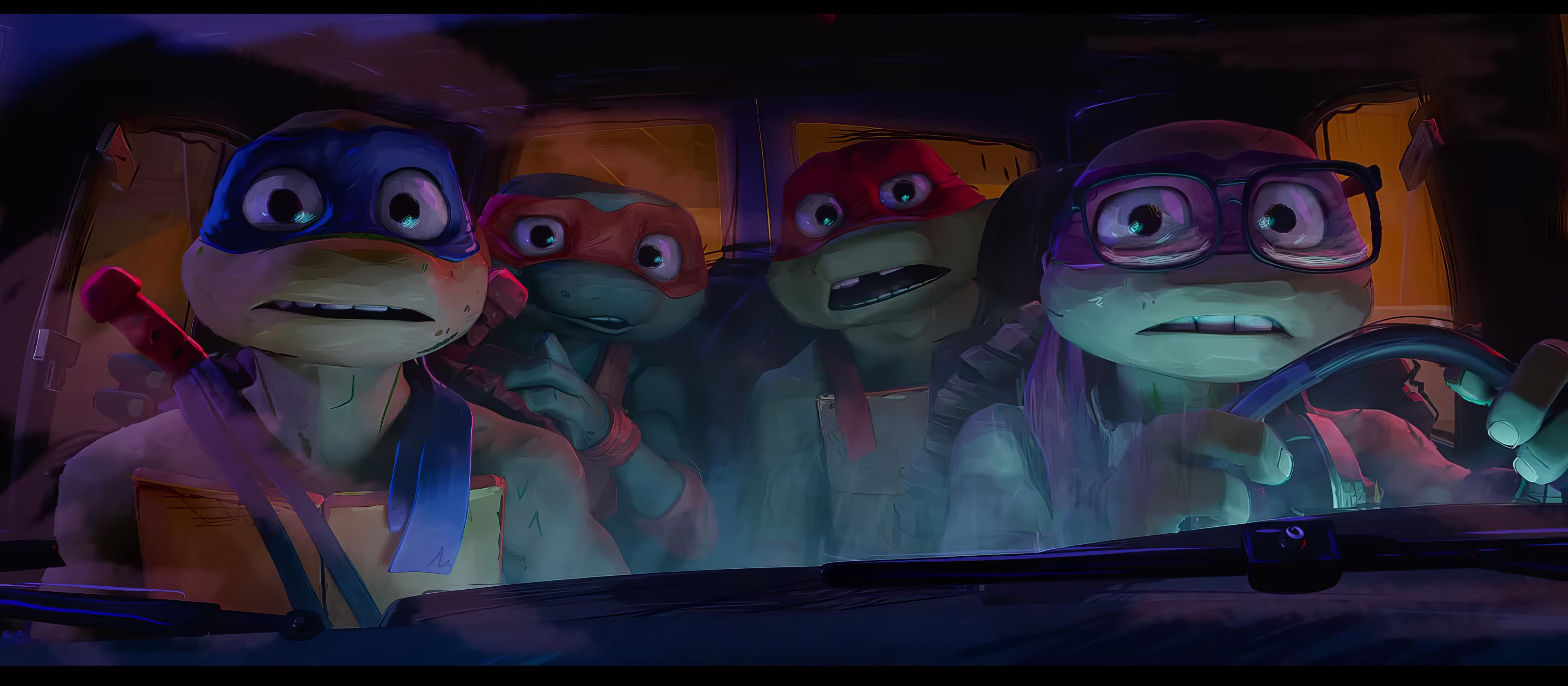 HD wallpaper featuring the Teenage Mutant Ninja Turtles from Mutant Mayhem looking surprised in a colorful, high-resolution desktop background.