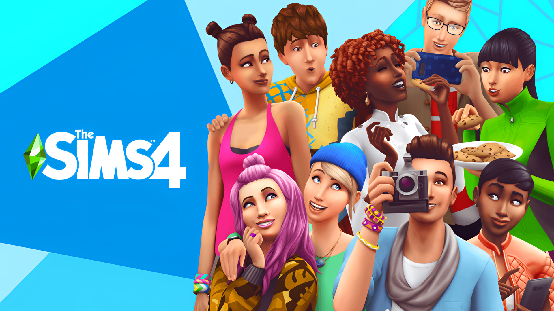 HD desktop wallpaper for The Sims 4 featuring a diverse group of animated characters engaging in various activities with a vibrant blue background.