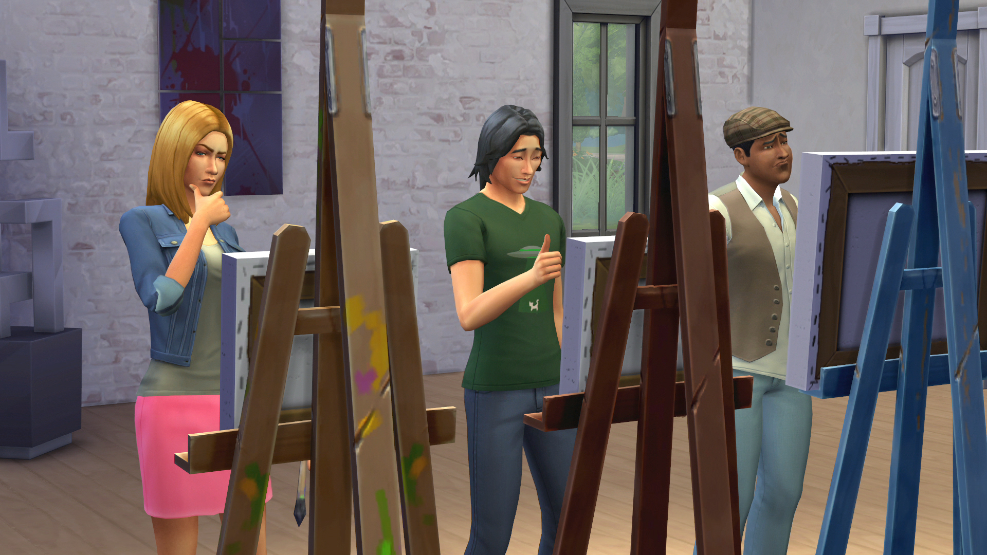 HD desktop wallpaper from The Sims 4 featuring three characters painting in an art studio.