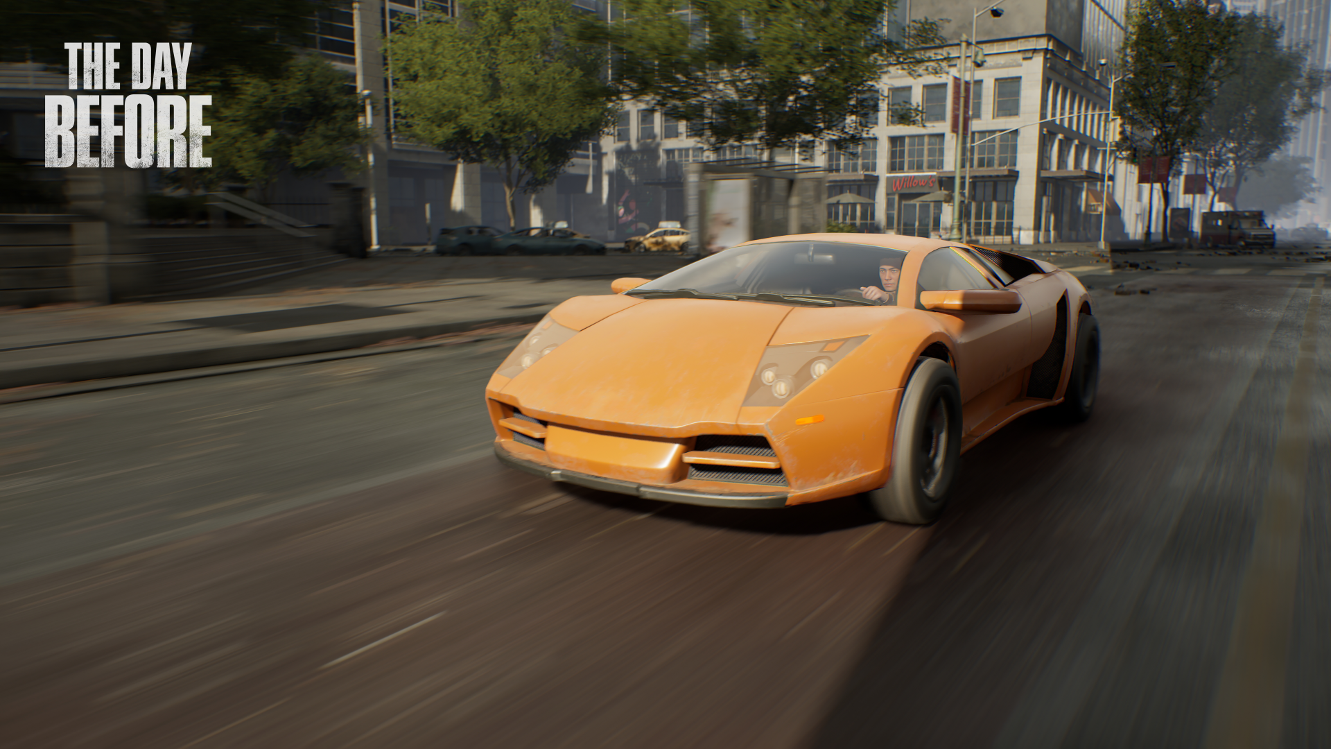 An orange sports car speeding on a city street from the game 'The Day Before' in an HD desktop wallpaper.