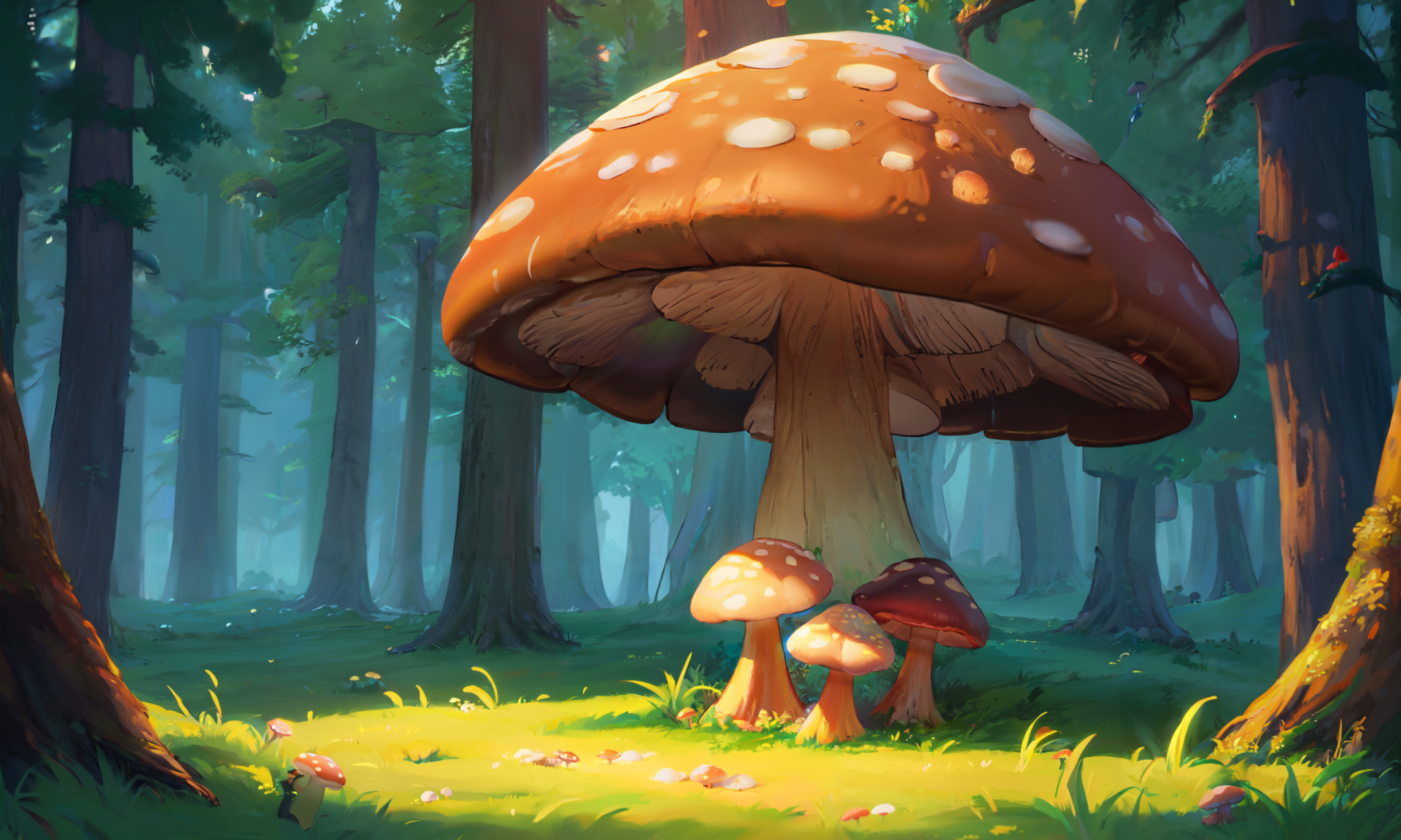 HD fantasy landscape of a vibrant forest with giant, glowing mushrooms casting light on the lush greenery, creating a magical and enchanting atmosphere.