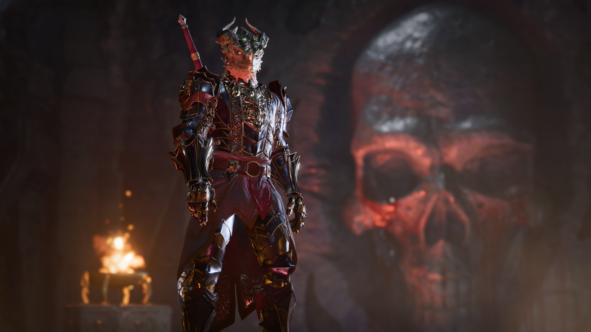 HD desktop wallpaper from Baldur's Gate 3 featuring a warrior in ornate armor, standing before a giant skull backdrop in a dark, eerie setting.