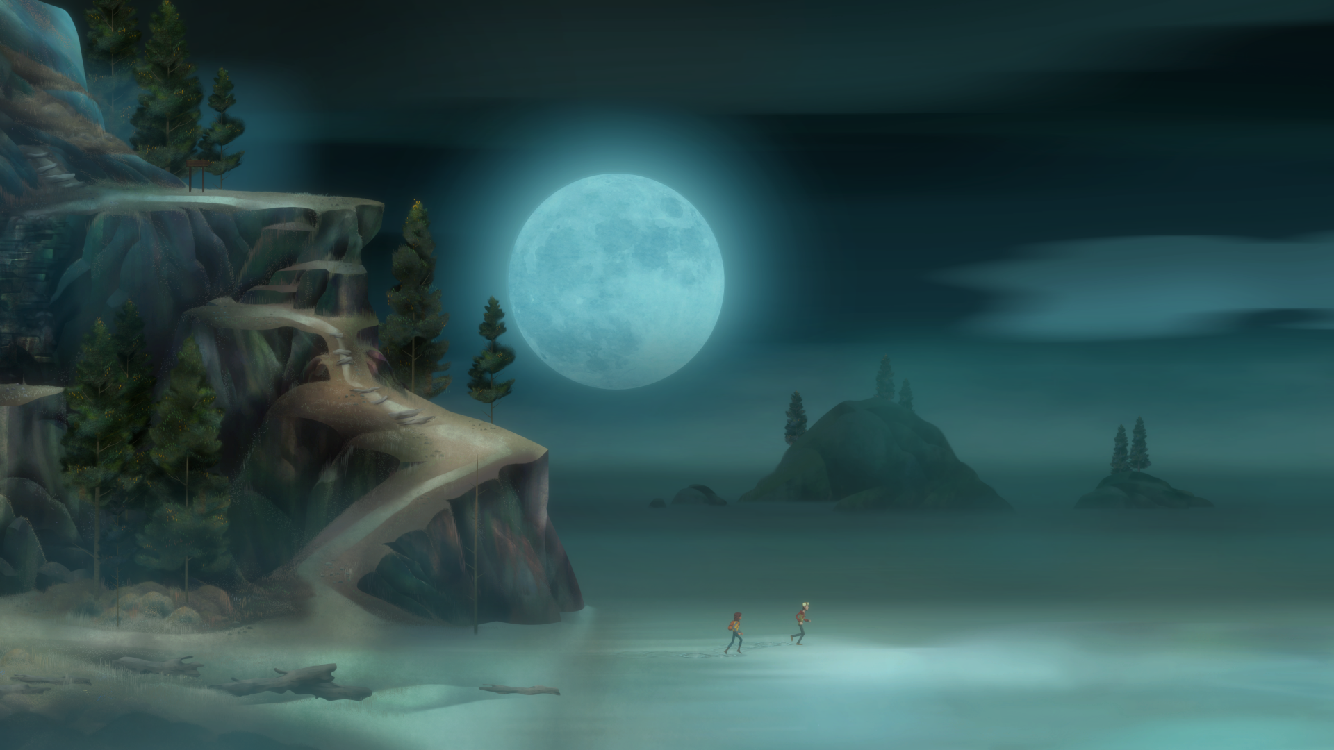 HD wallpaper of Oxenfree II: Lost Signals game featuring a moonlit beach scene with characters and a serene ocean.