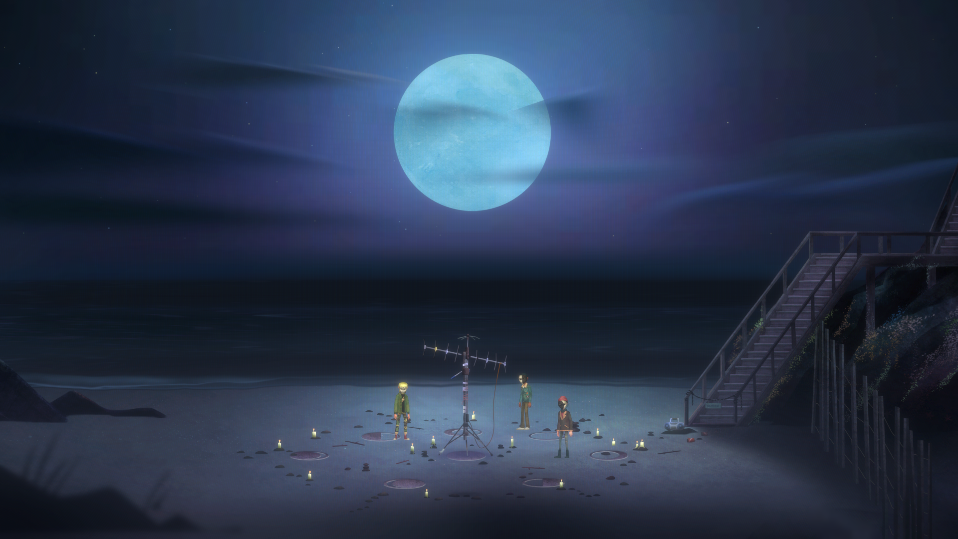 HD desktop wallpaper featuring a scene from Oxenfree II: Lost Signals with characters on a moonlit beach with mysterious antennae and candles.