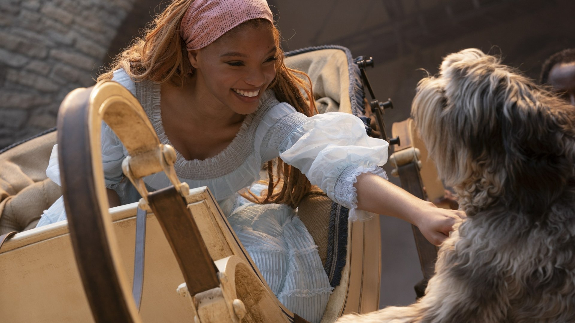 HD wallpaper featuring a smiling young woman interacting with a playful dog in a scene inspired by The Little Mermaid (2023).