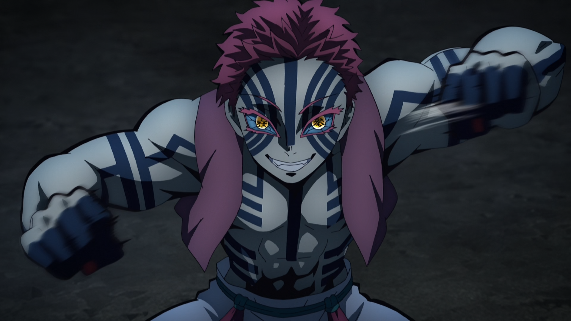 Akaza (Demon Slayer: Kimetsu no Yaiba) lunges with a menacing grin, striped markings and glowing eyes — anime HD PC desktop wallpaper/background.