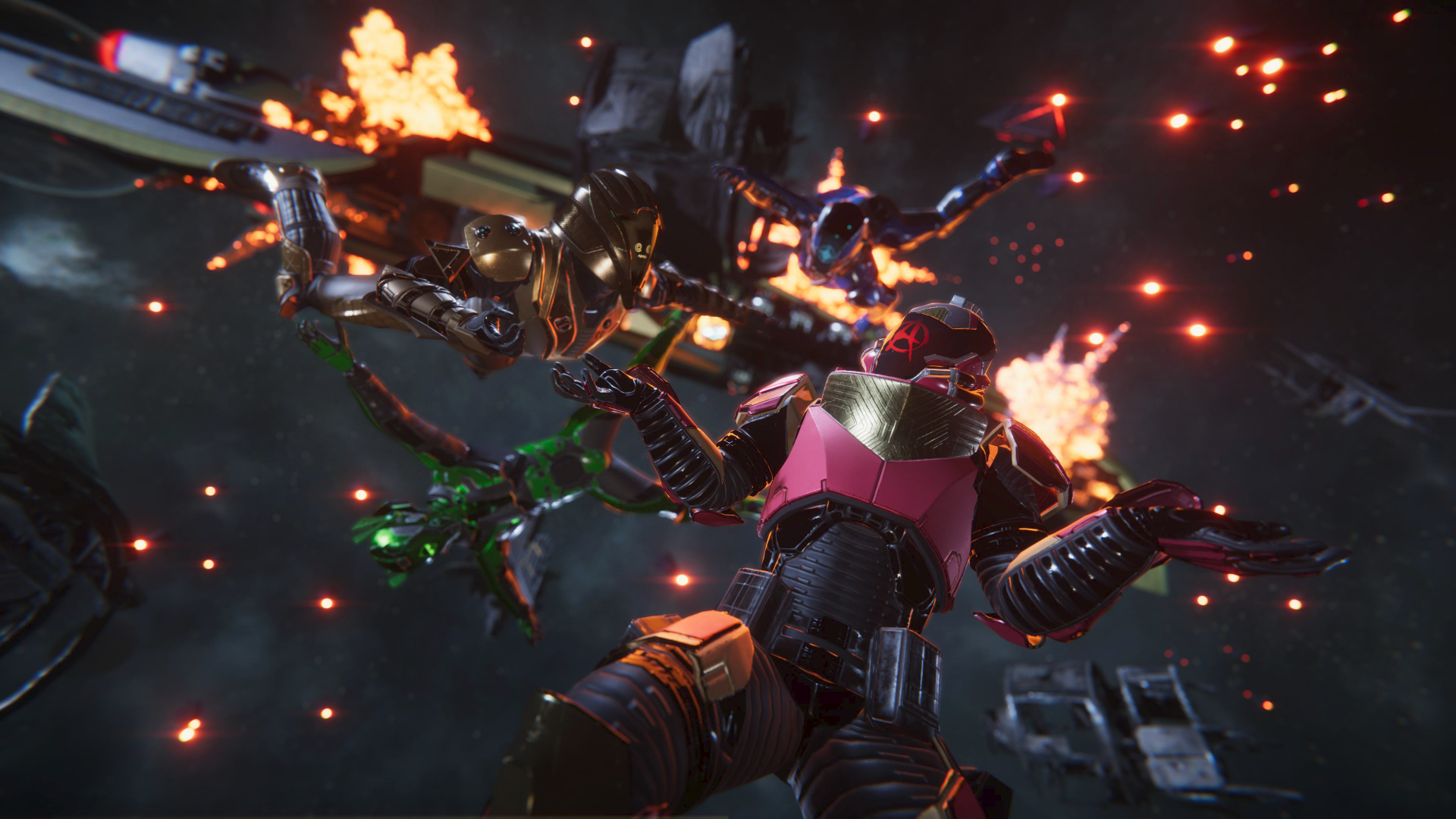 HD wallpaper of the Void Crew in space with members engaged in an intense battle among exploding ships.