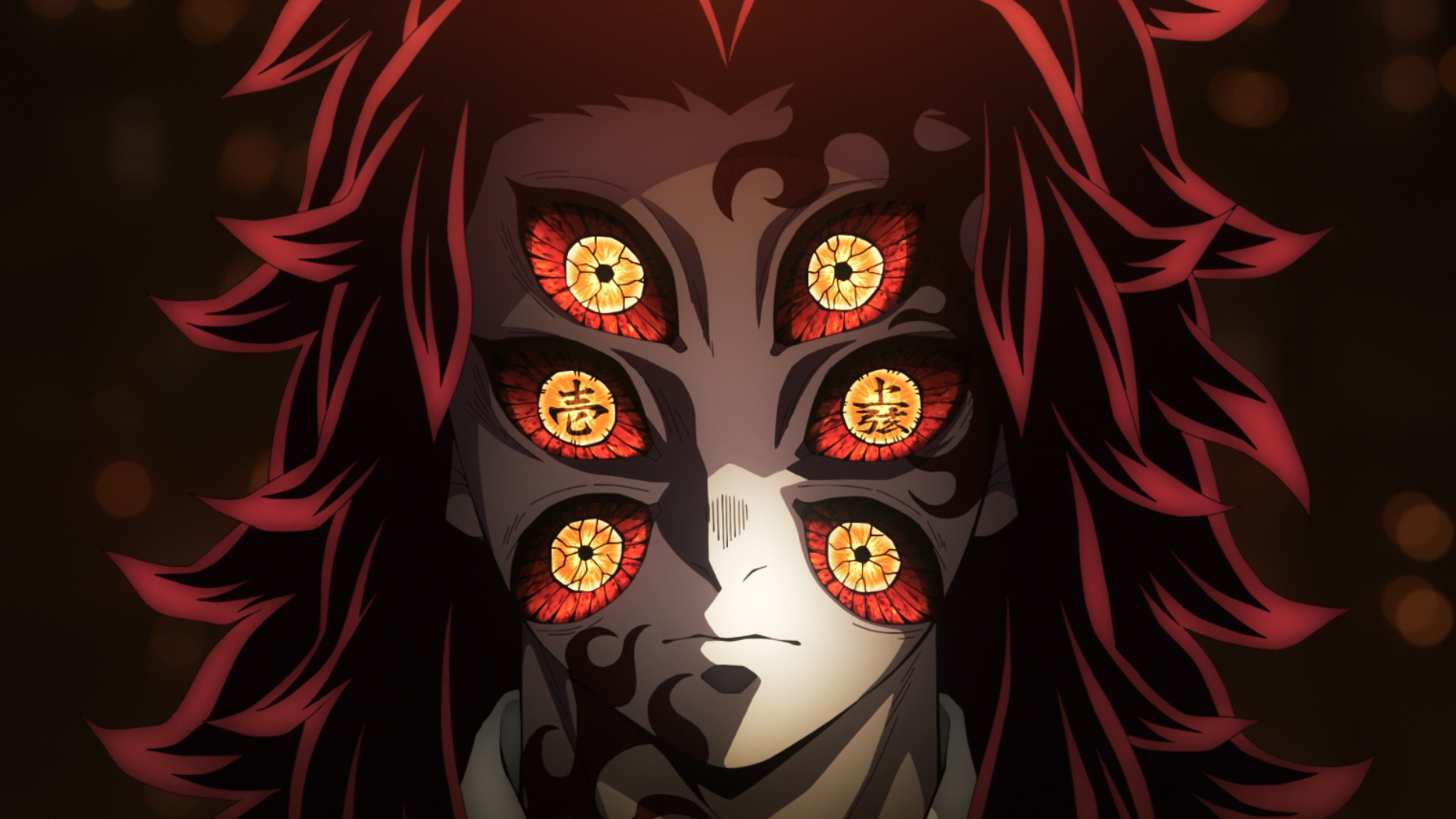 HD PC desktop wallpaper featuring Kokushibo from Demon Slayer: Kimetsu no Yaiba, showcasing his distinct multiple eye design in vivid anime style.