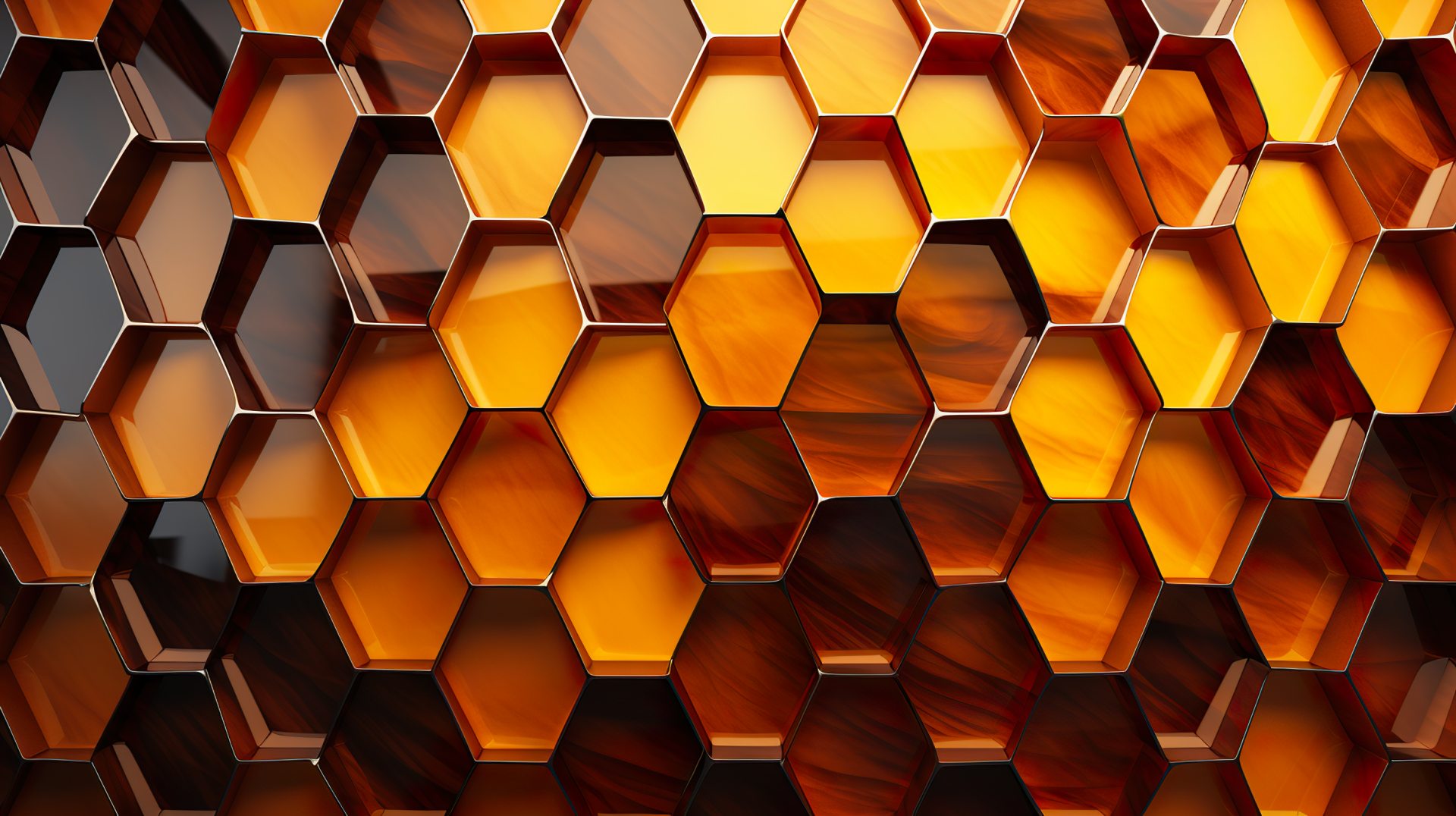 HD wallpaper featuring a vibrant abstract pattern of overlapping honeycomb shapes in shades of orange and brown.