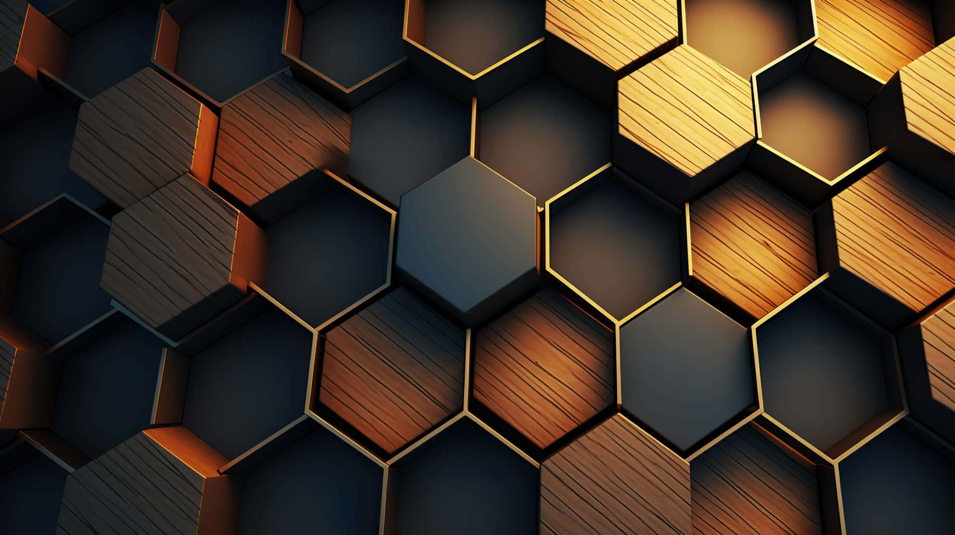 HD desktop wallpaper featuring a 3D abstract honeycomb pattern with a mix of dark and illuminated textured hexagons.