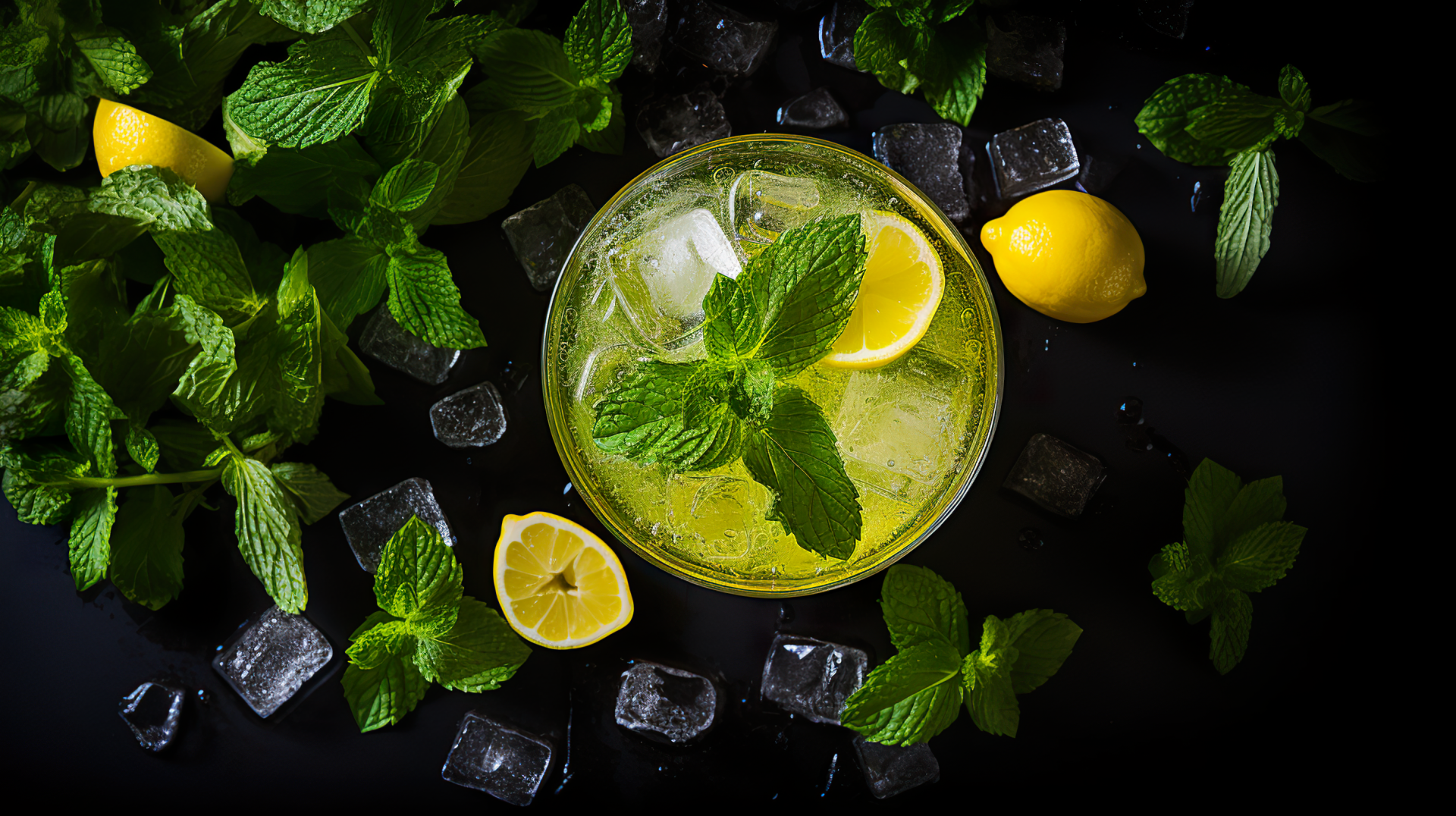 HD desktop wallpaper featuring a refreshing cocktail surrounded by mint leaves, lemon slices, and ice cubes on a dark background.
