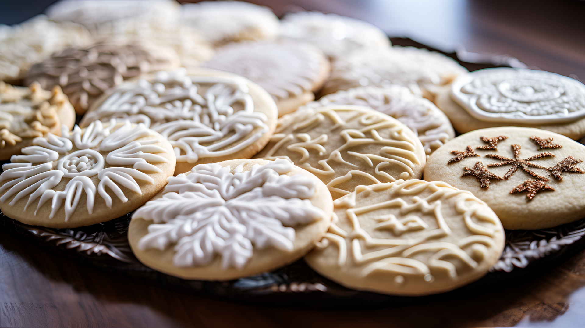 A close-up of beautifully decorated sugar cookies arranged on a platter, showcasing intricate icing designs for an inviting and delicious HD desktop wallpaper.
