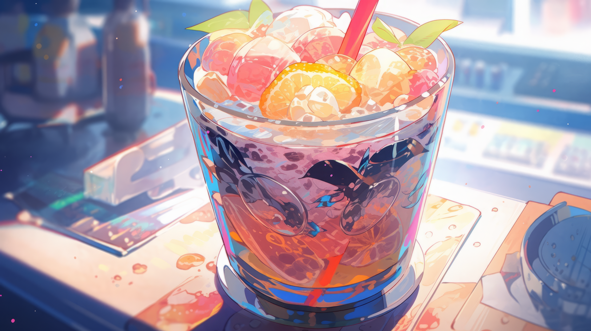 A vibrant Slurpee in a glass, topped with colorful fruit and a straw, set against a lively background. This HD wallpaper captures the essence of a refreshing treat.